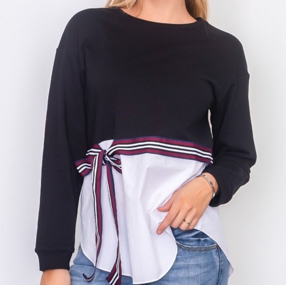 🖤Color Block Ribbon Tie Waist Tunic Top - Picture 3 of 3